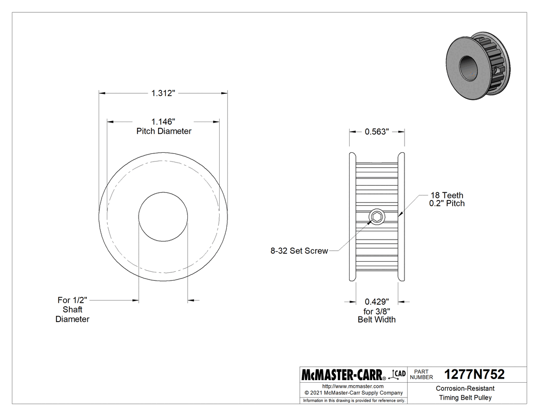 Technical Drawing of Corrosion-Resistant Timing Belt Pulley, XL Series, NO Hub, 3/8" Maximum Width, 1.312" OD, 1/2" Shaft.